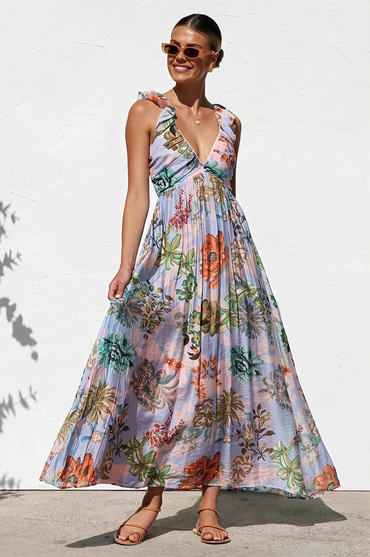 Dames Maxi Jurk Met Print En V Hals