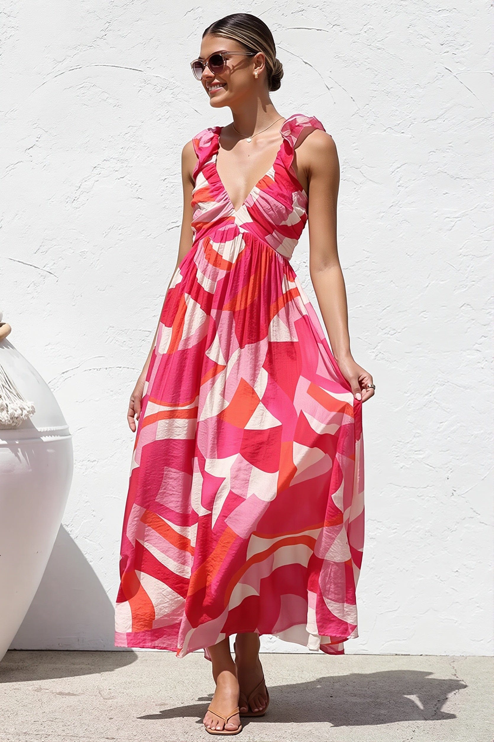 Dames Maxi Jurk Met Print En V Hals