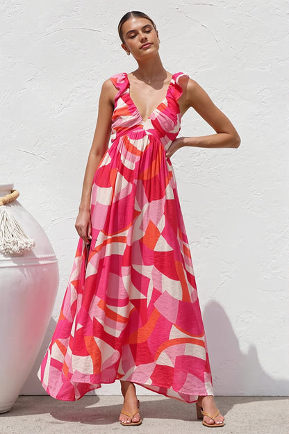 Dames Maxi Jurk Met Print En V Hals