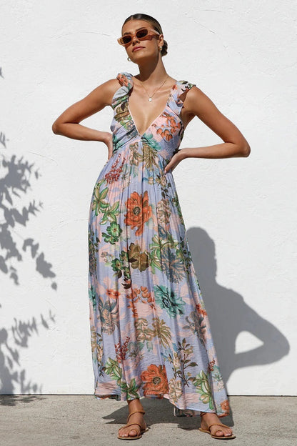 Dames Maxi Jurk Met Print En V Hals
