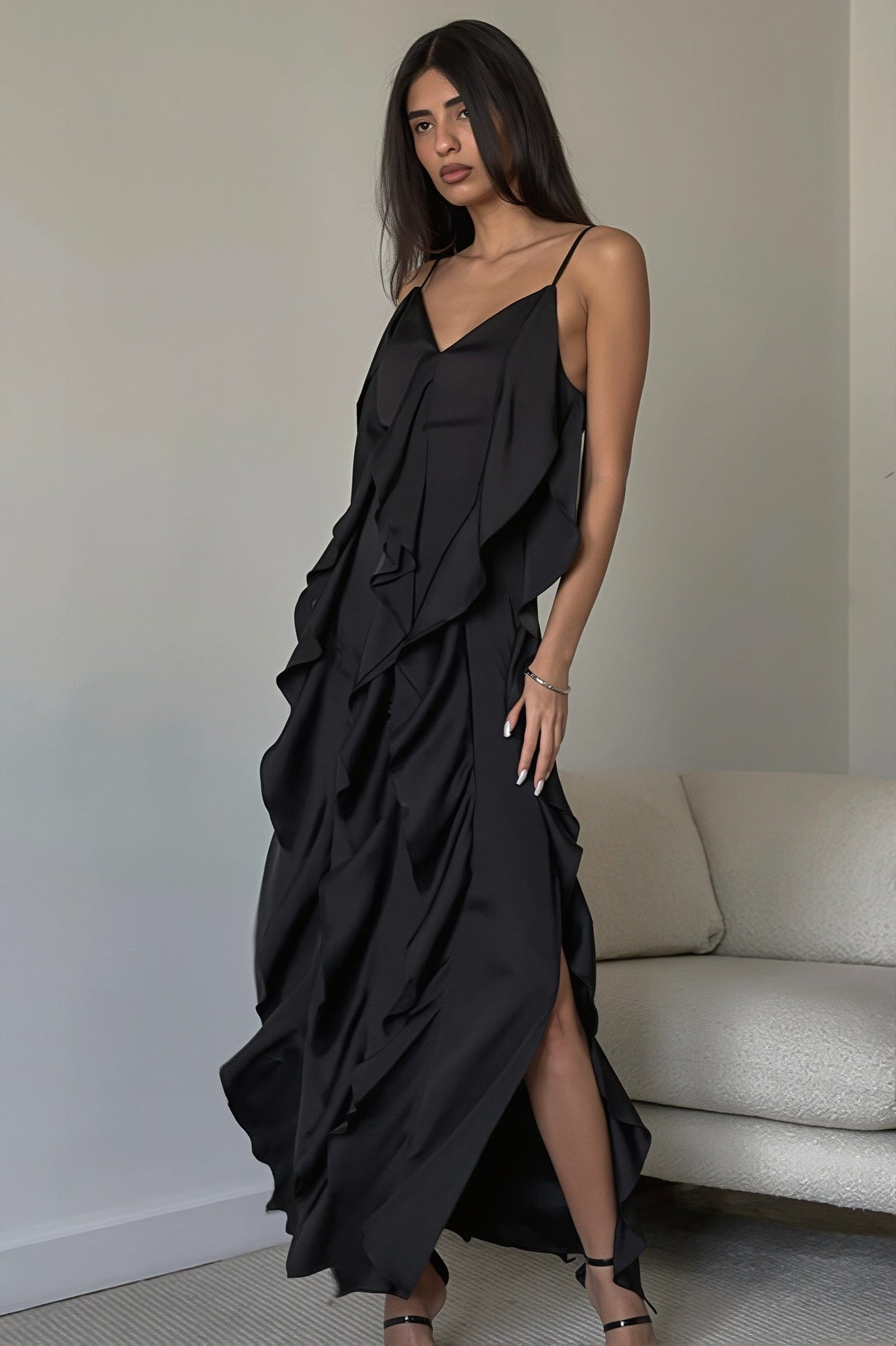 Dames Maxi Jurk Met Volants En V Hals