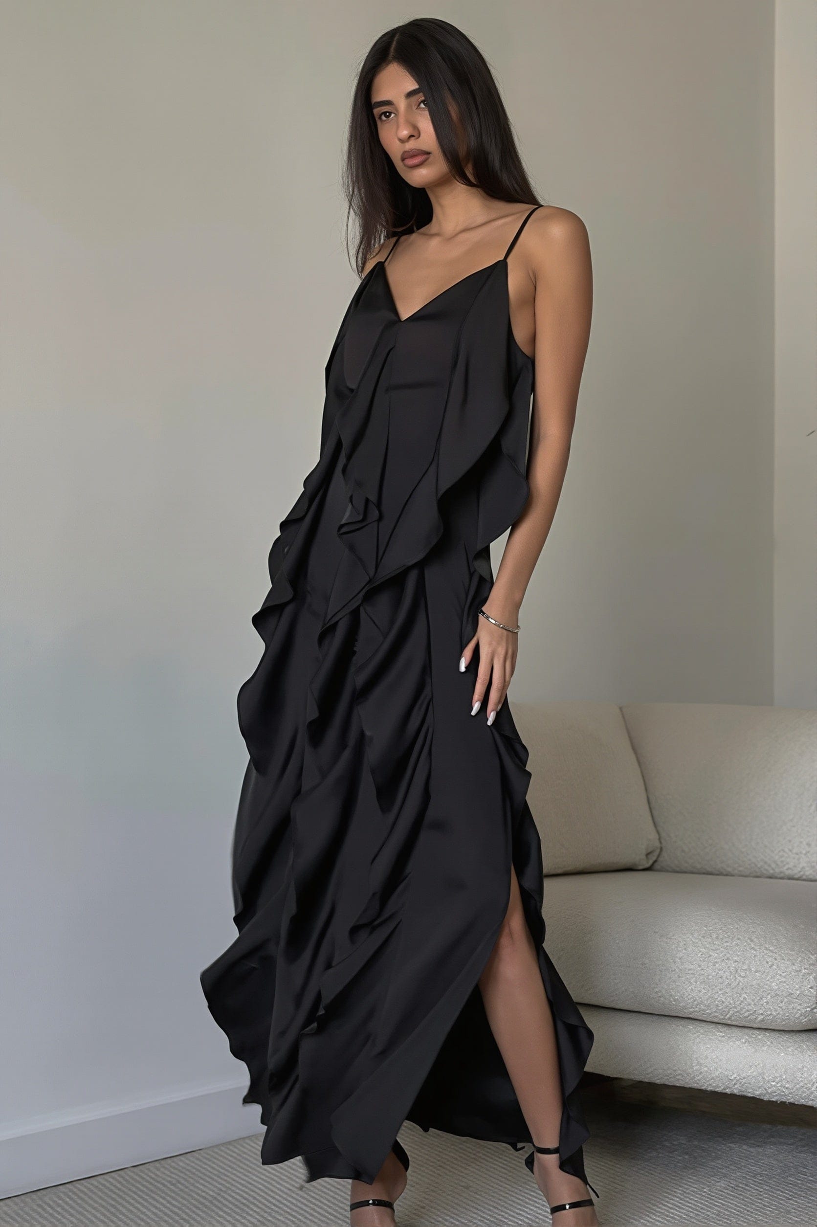 Dames Maxi Jurk Met Volants En V Hals
