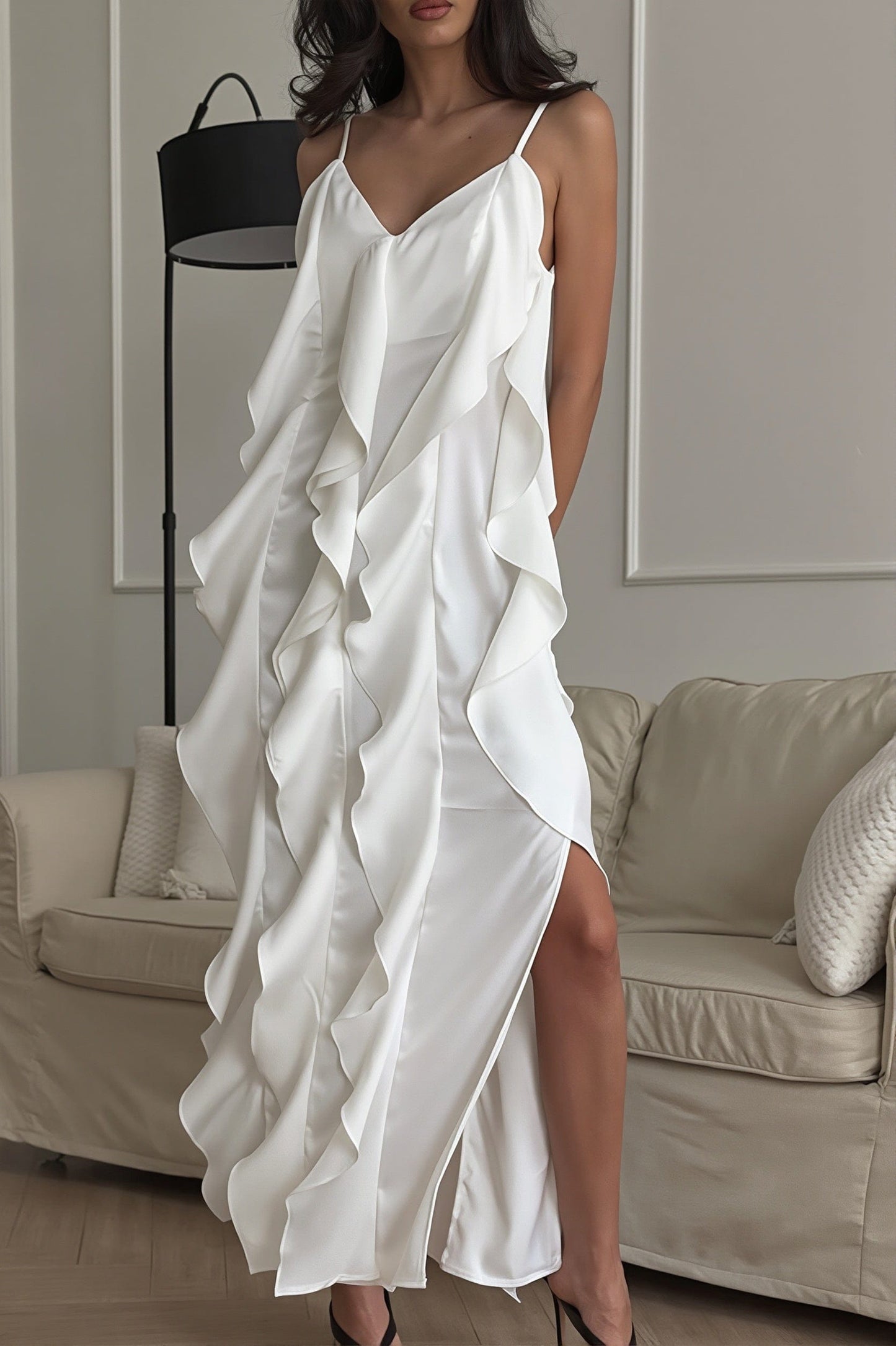 Dames Maxi Jurk Met Volants En V Hals