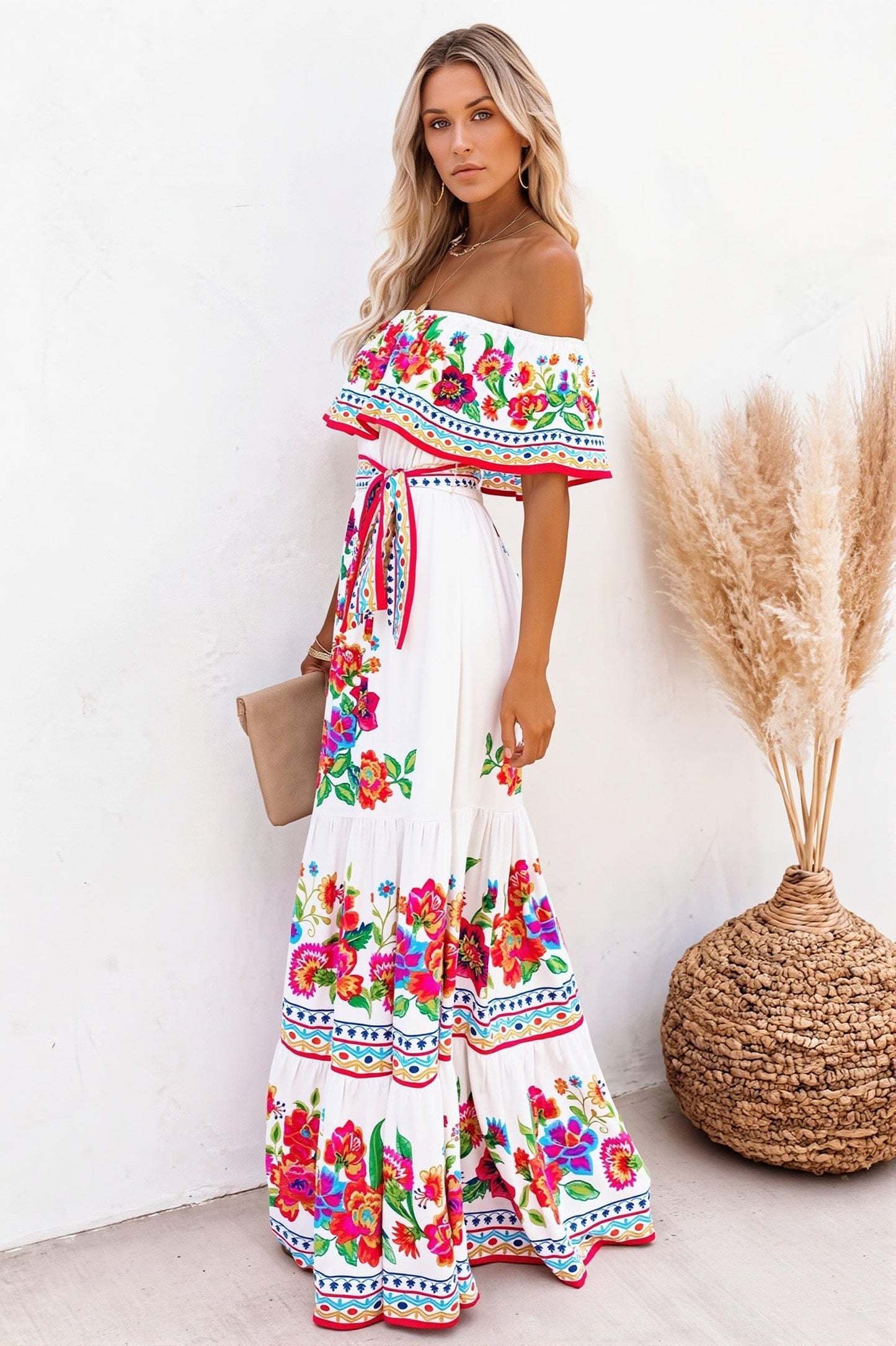 Dames Maxi Jurk Off Shoulder Met Ruches En Bloemenprint
