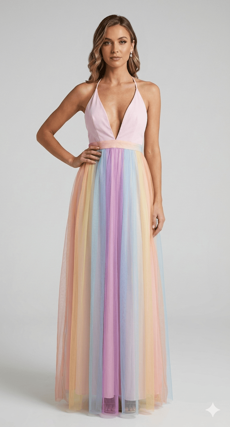 Dames Mesh Jurk Met Regenboogprint En Spaghettibandjes