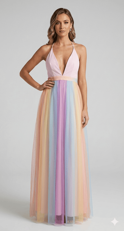 Dames Mesh Jurk Met Regenboogprint En Spaghettibandjes