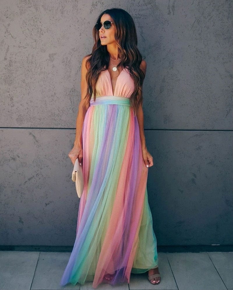 Dames Mesh Jurk Met Regenboogprint En Spaghettibandjes
