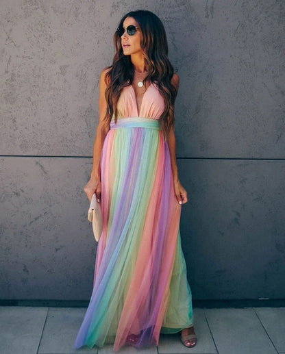 Dames Mesh Jurk Met Regenboogprint En Spaghettibandjes