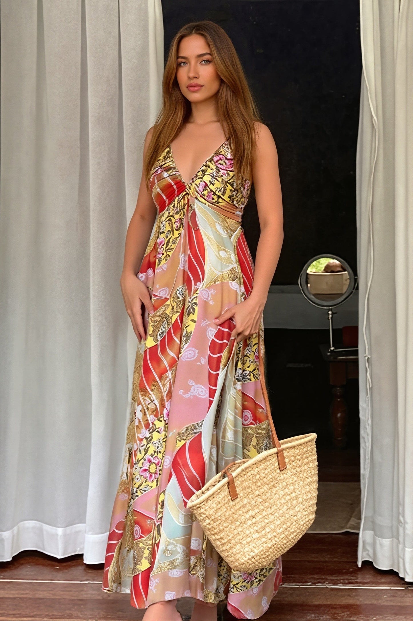 Dames Midi Jurk Met Bloemenprint En V Hals