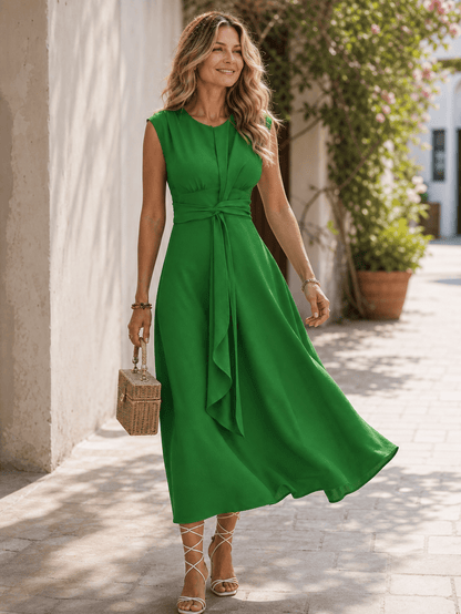 Dames Midi Jurk Met Gedrapeerde Taille En Strikdetail