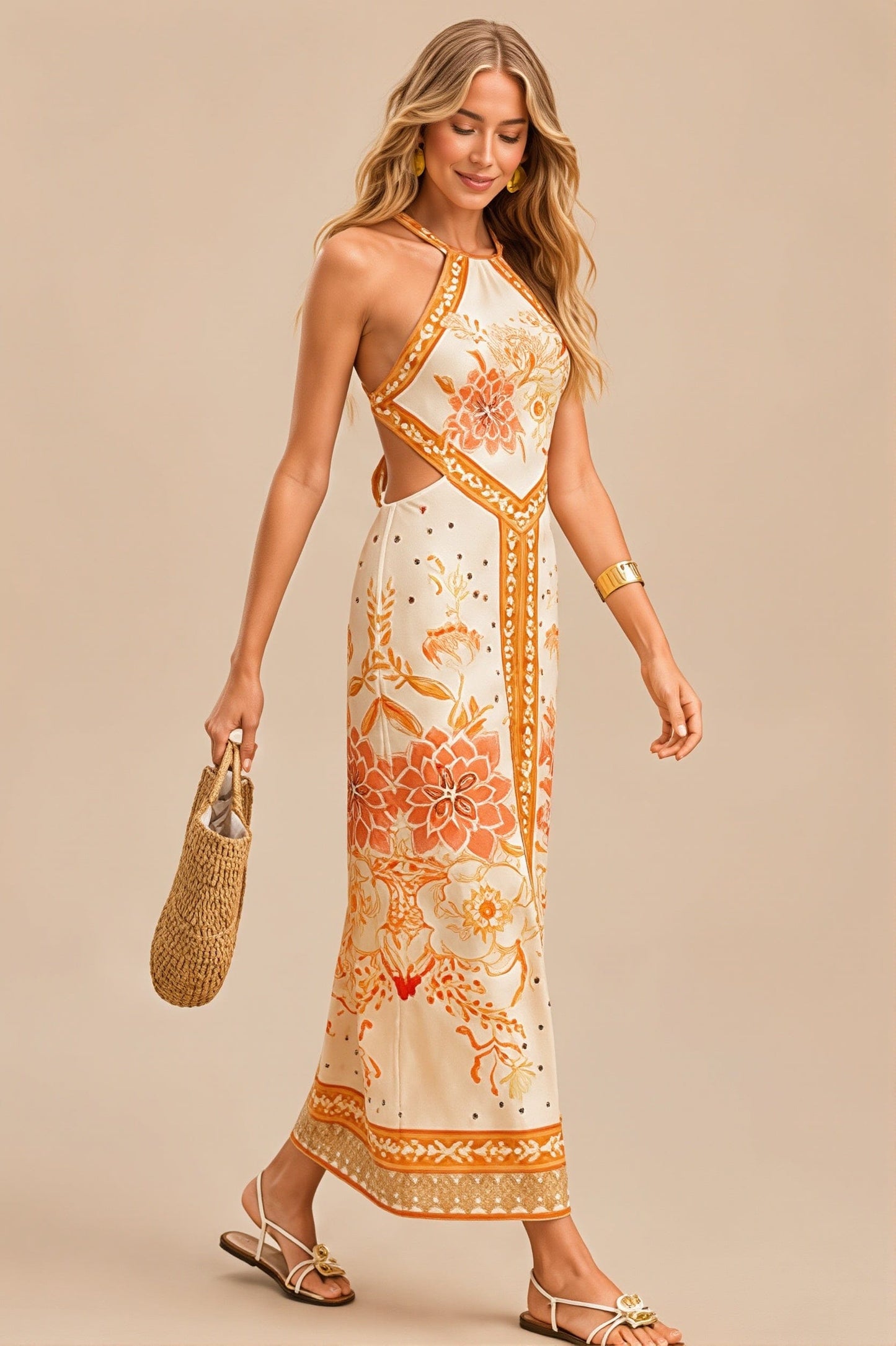 Dames Midi Jurk Met Halternek En Bloemenprint
