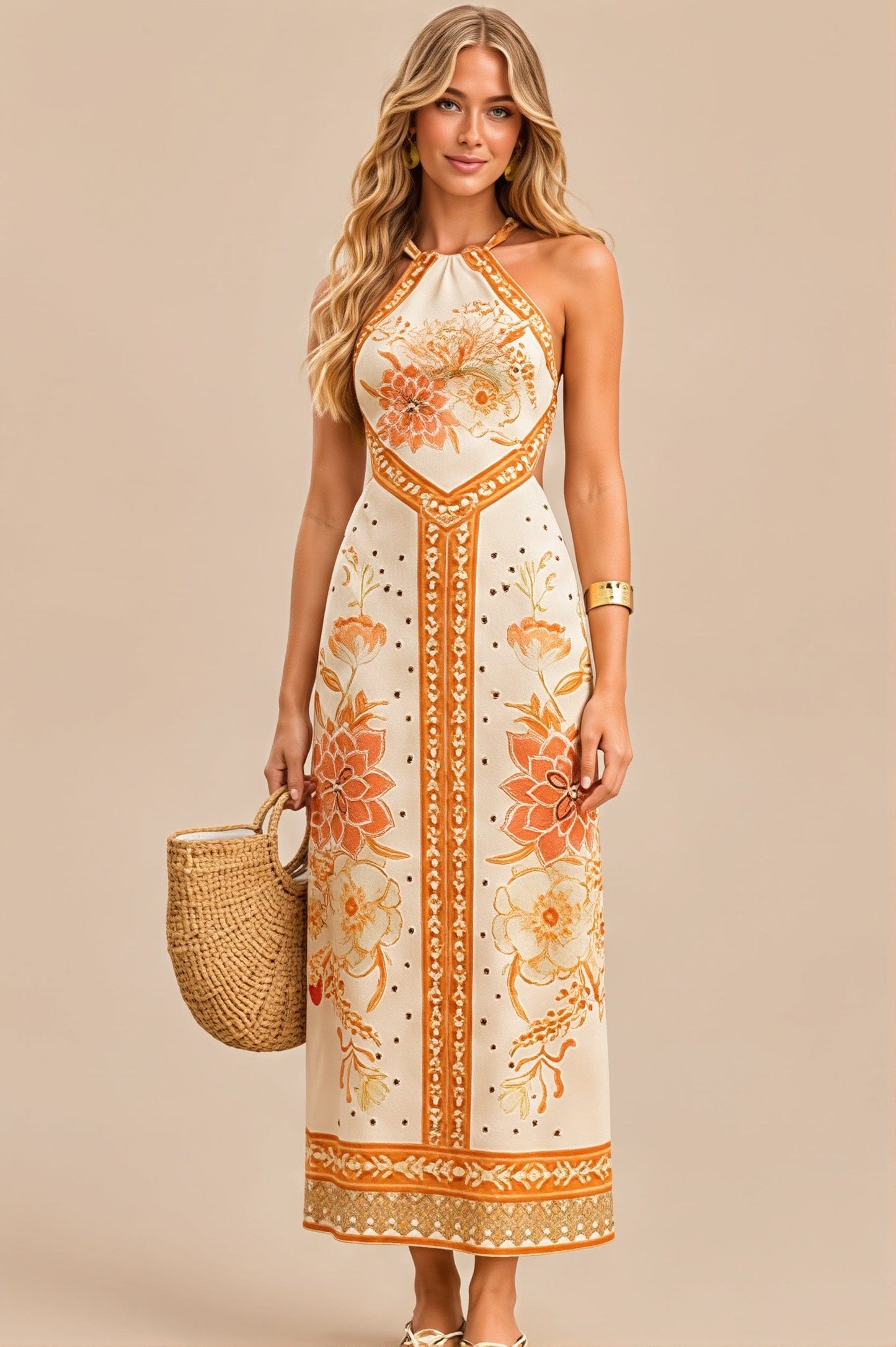 Dames Midi Jurk Met Halternek En Bloemenprint