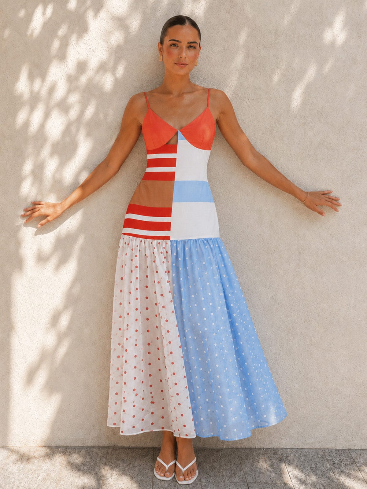 Dames Midi Slipdress Met Patchwork Polkadot Print