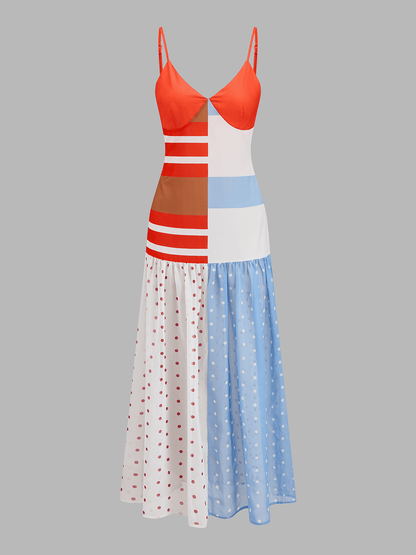 Dames Midi Slipdress Met Patchwork Polkadot Print