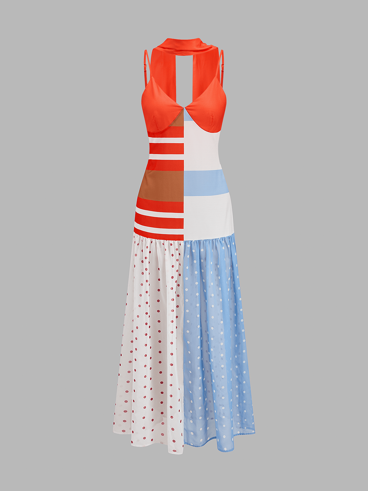 Dames Midi Slipdress Met Patchwork Polkadot Print
