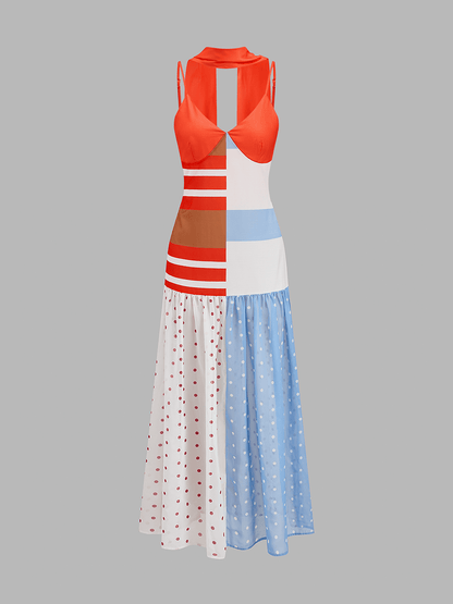Dames Midi Slipdress Met Patchwork Polkadot Print