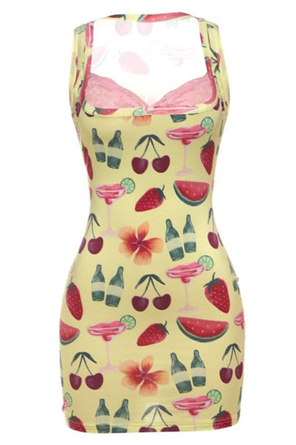 Dames Mini Jurk Met Fruitprint En Kantdetail
