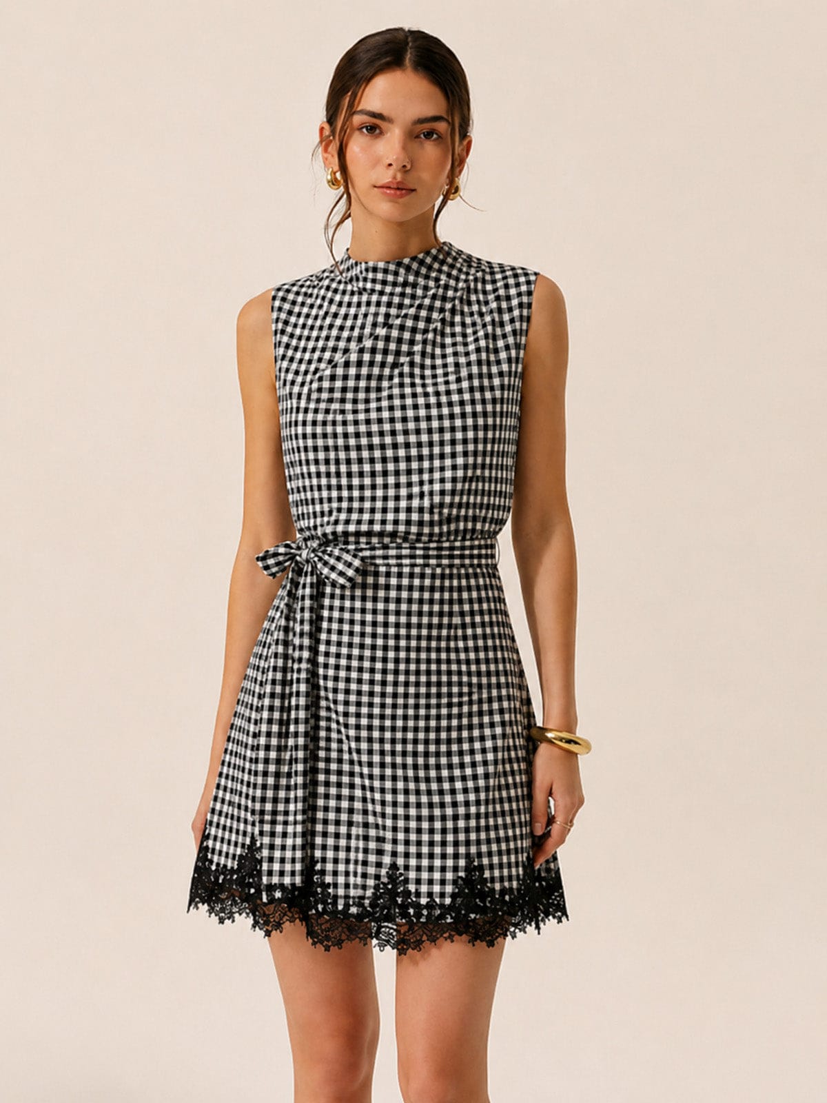 Dames Mini Jurk Met Ruitprint En Strikceintuur