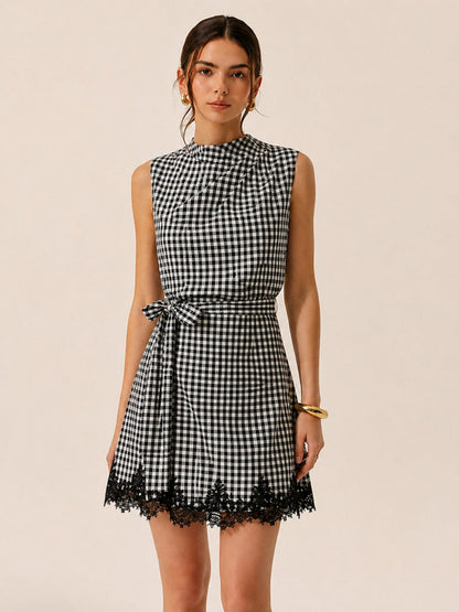 Dames Mini Jurk Met Ruitprint En Strikceintuur
