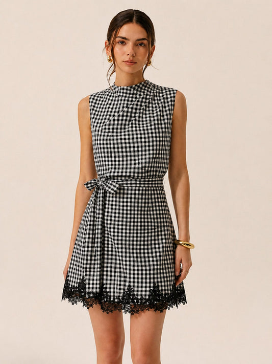 Dames Mini Jurk Met Ruitprint En Strikceintuur