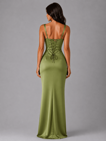 Dames Satijnlook Maxi Jurk Met Gerimpelde Taille