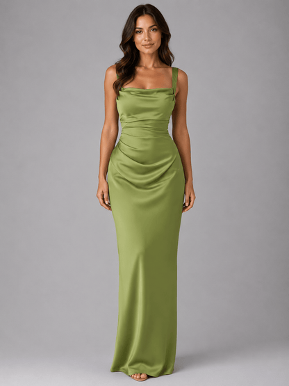 Dames Satijnlook Maxi Jurk Met Gerimpelde Taille