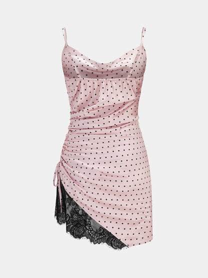 Dames Satin Cowl Neck Mini Jurk Met Stippenprint