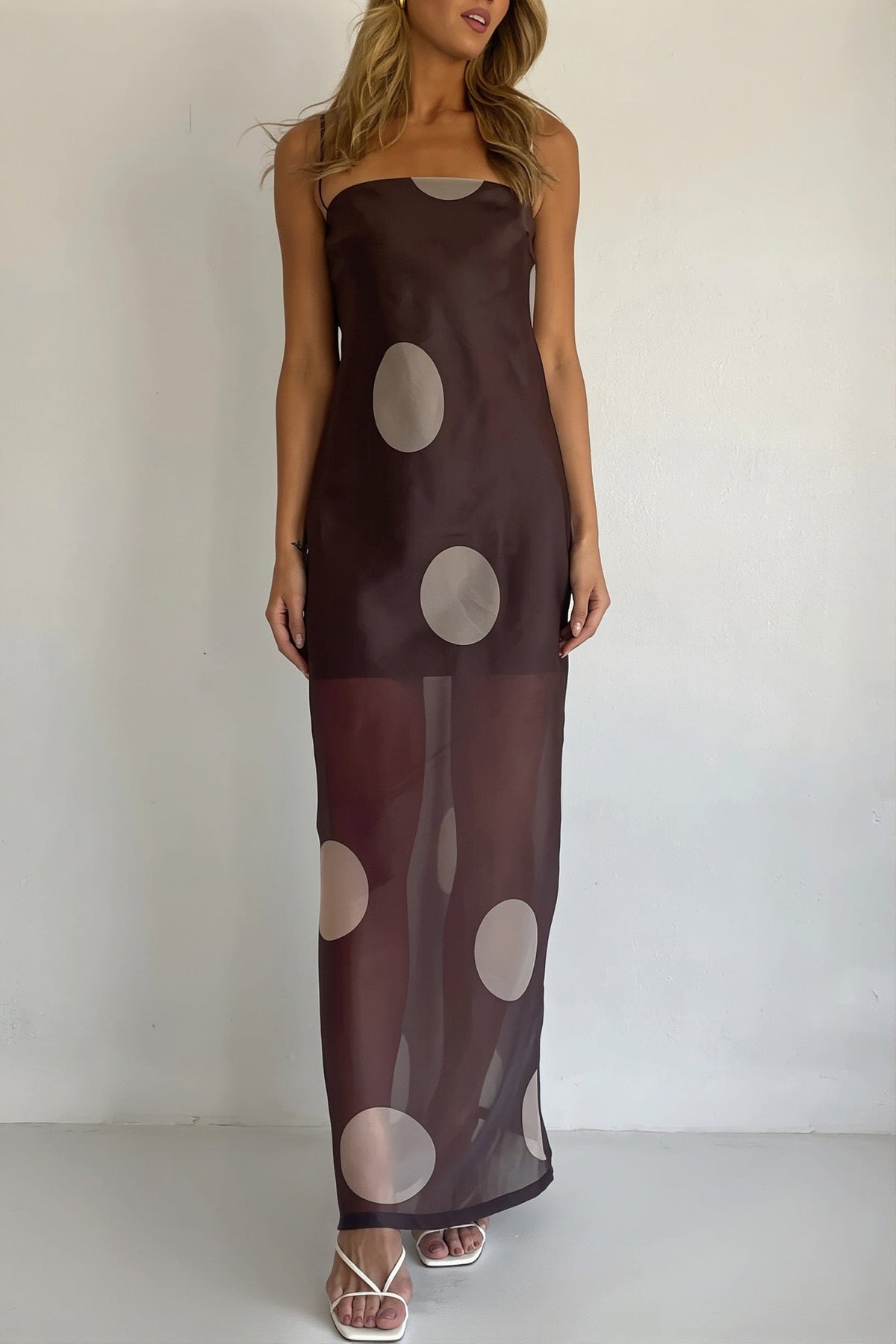 Dames Strapless Maxi Jurk Met Stippenprint Slim Fit