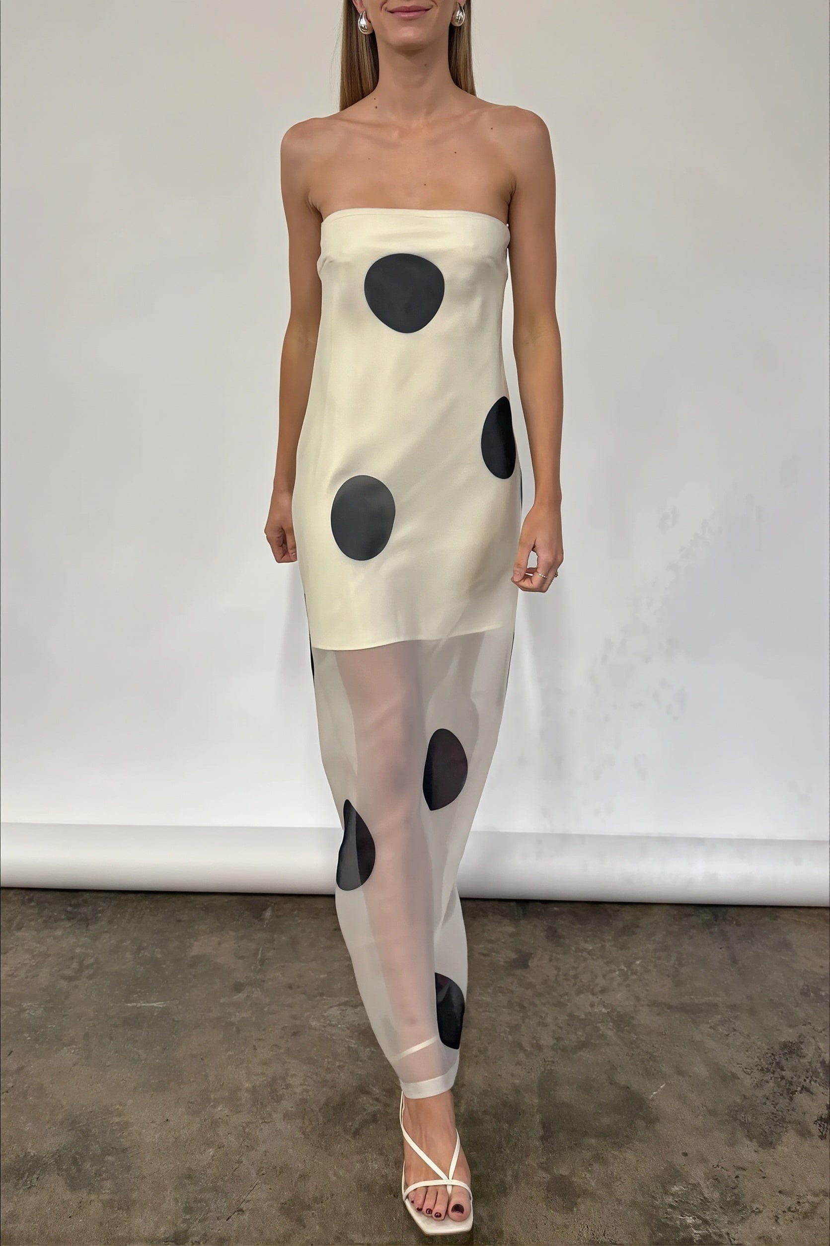 Dames Strapless Maxi Jurk Met Stippenprint Slim Fit