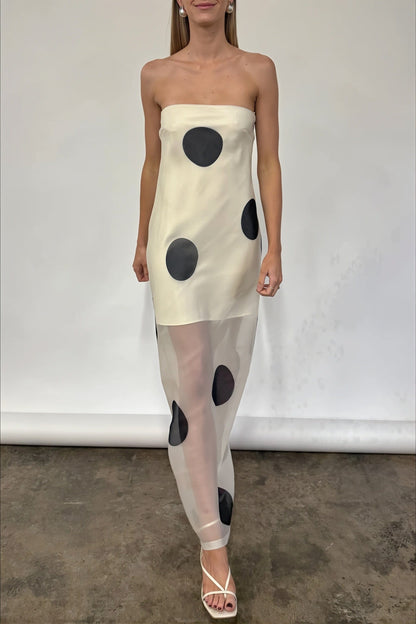 Dames Strapless Maxi Jurk Met Stippenprint Slim Fit