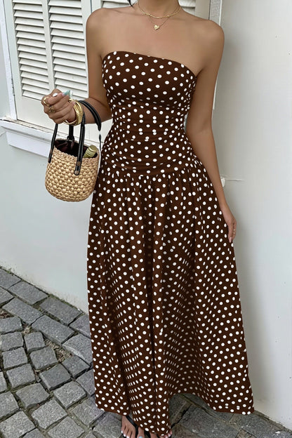 Dames Strapless Polkadot Maxi Jurk Slim Fit