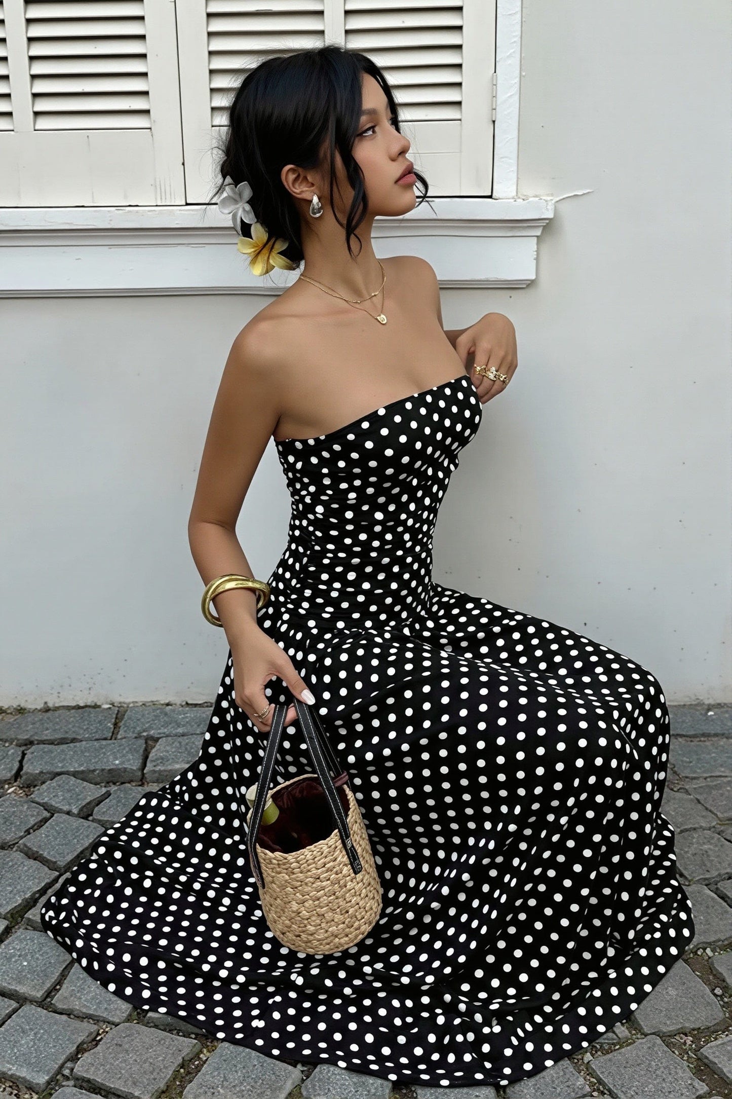Dames Strapless Polkadot Maxi Jurk Slim Fit