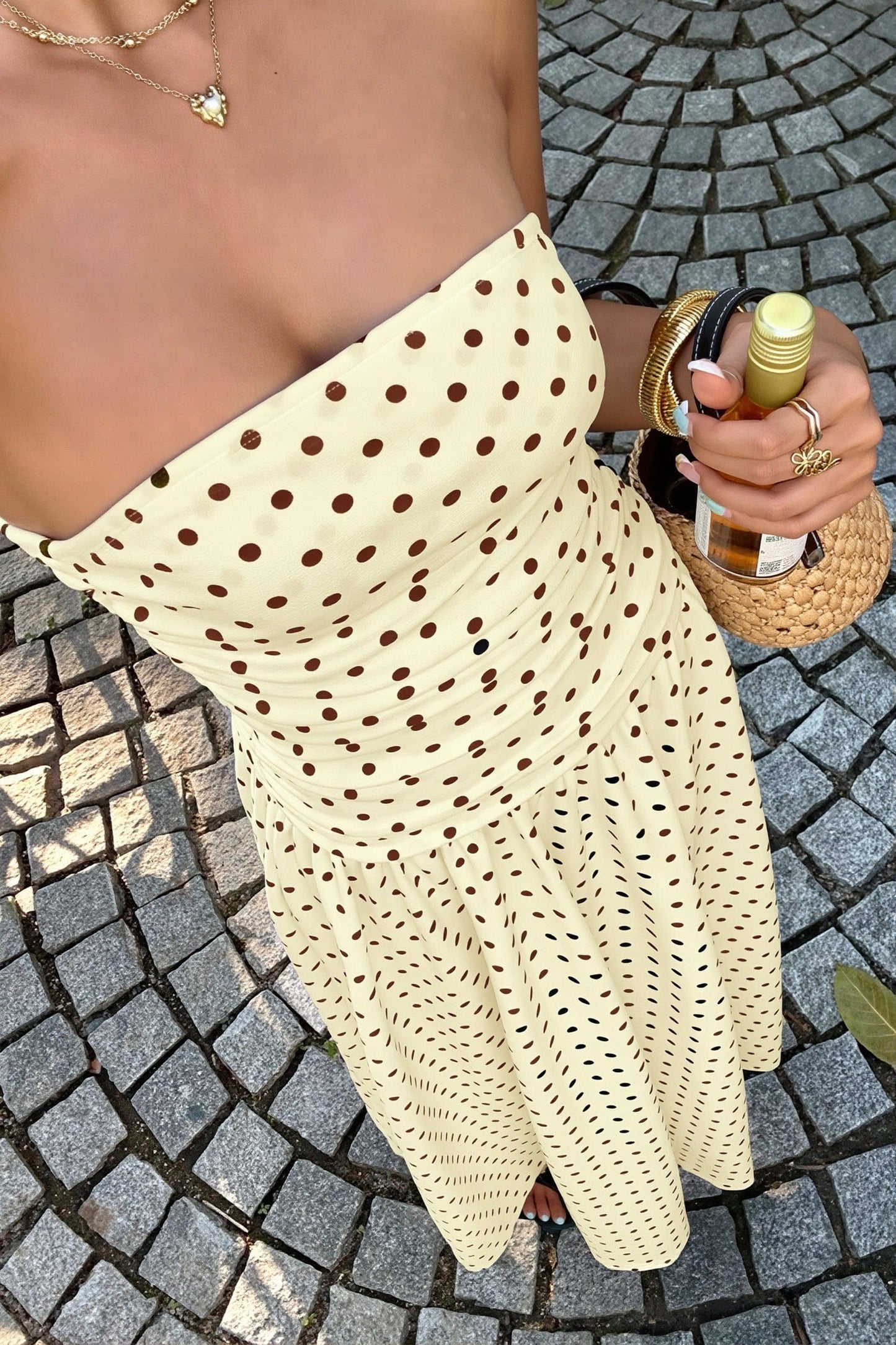 Dames Strapless Polkadot Maxi Jurk Slim Fit