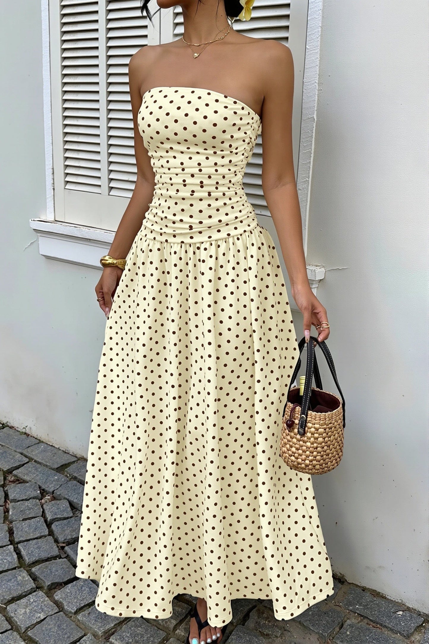 Dames Strapless Polkadot Maxi Jurk Slim Fit