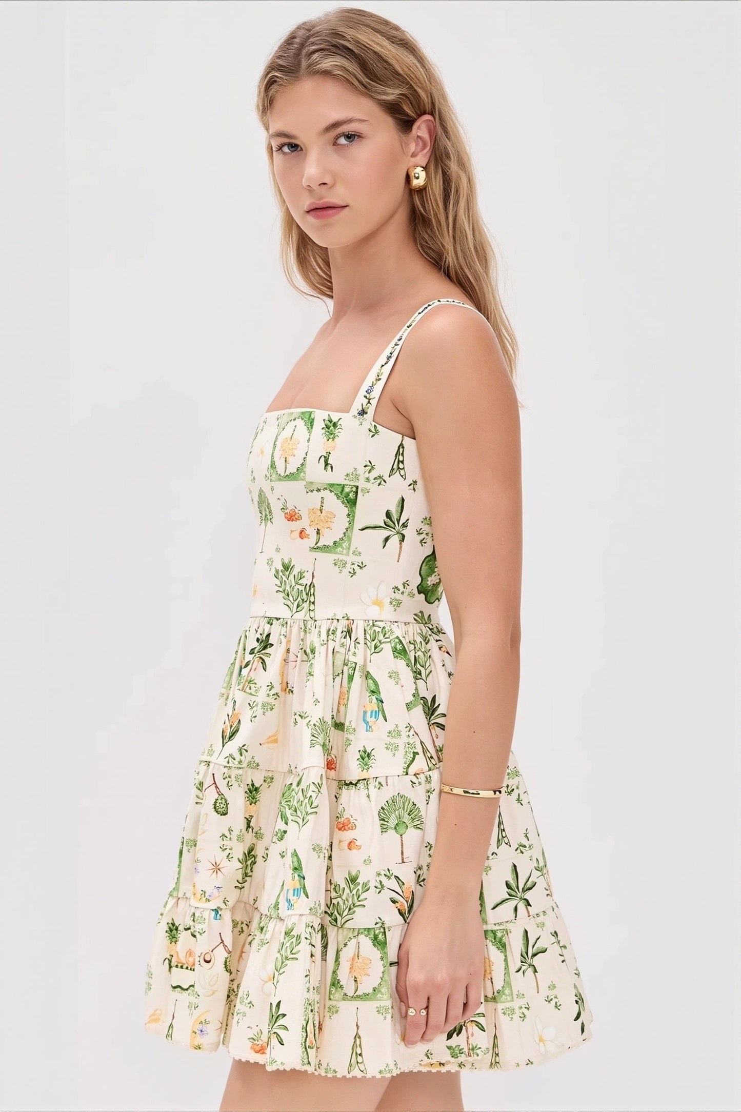 Dames midi jurk met bloemenprint in boho stijl, zijaanzicht