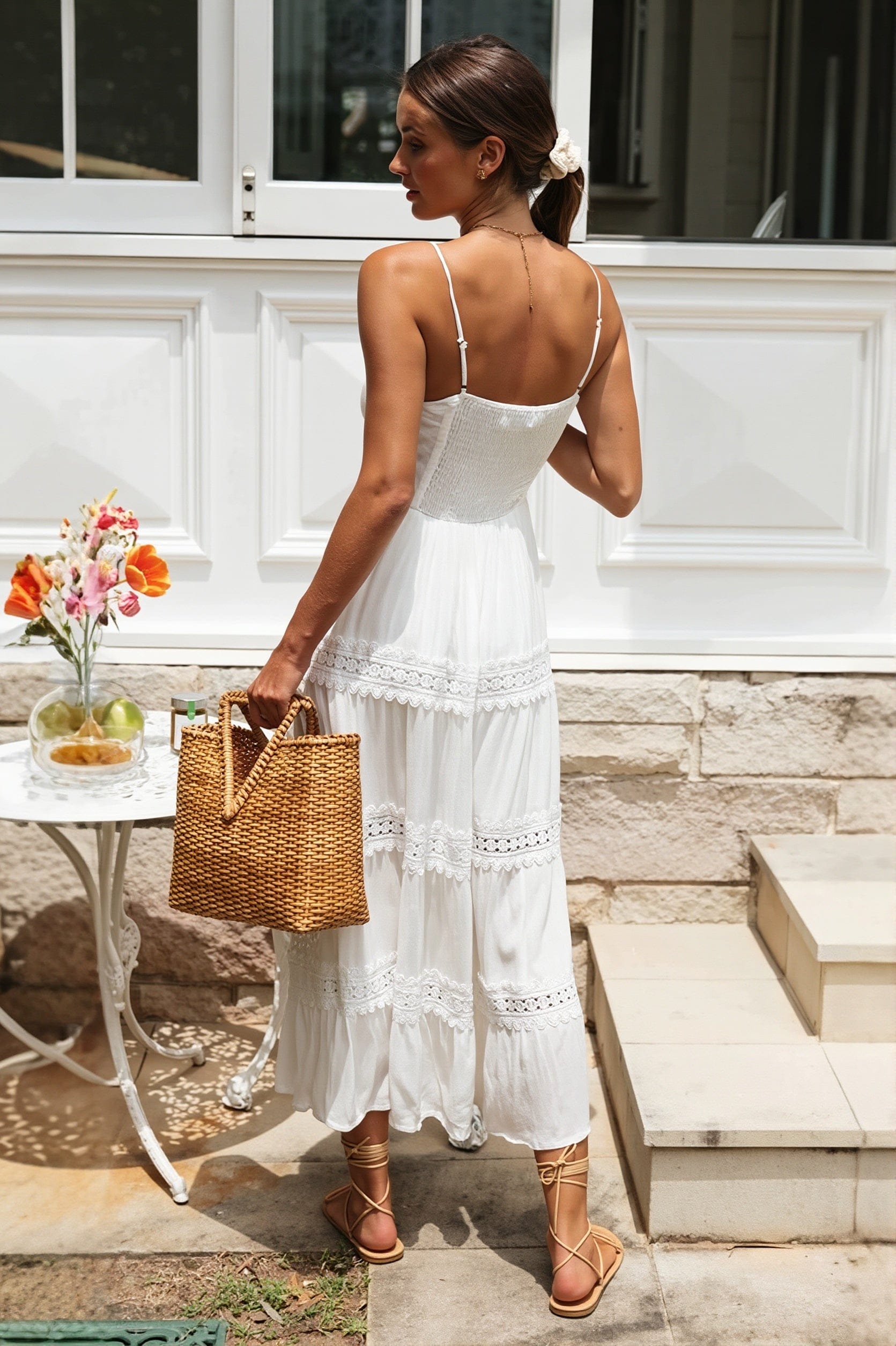 Boho maxi jurk met kant voor dames, achteraanzicht
