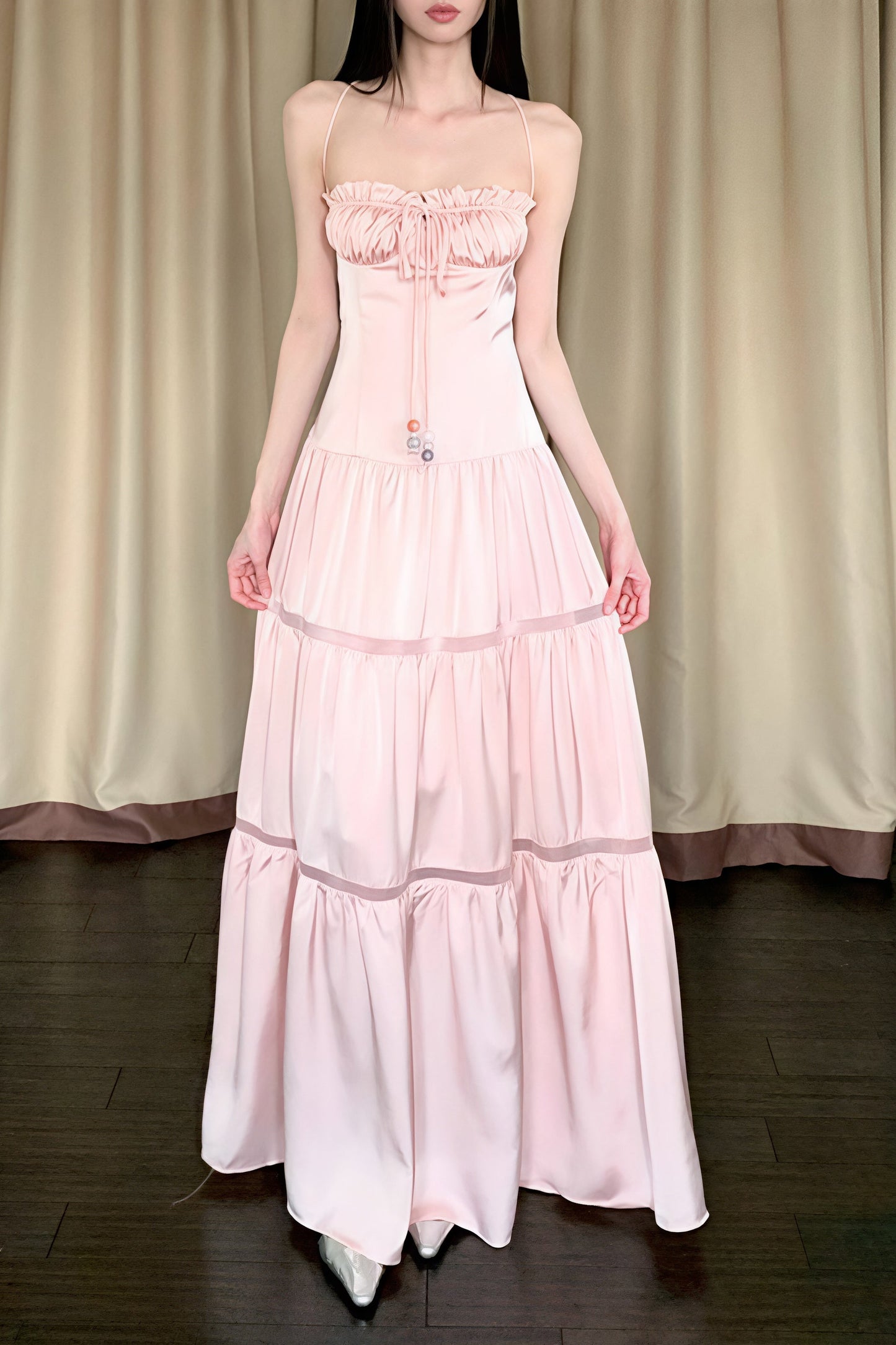 Satin Strapless Maxi Jurk met Strik Roze