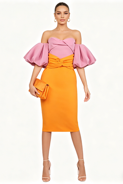 Midijurk met kleurvlakken en ballonmouwen roze oranje