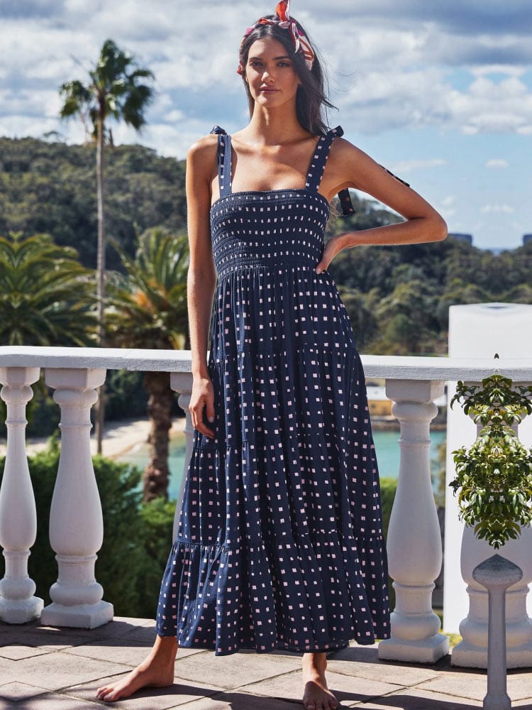 Donkerblauwe Zomerse Maxi Jurk Ibiza Stijl Met Print