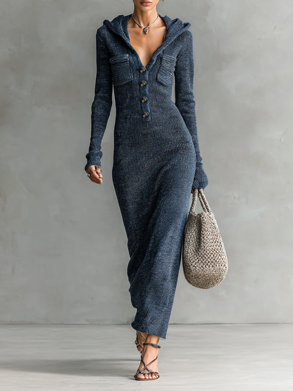 Dames Gebreide Maxi Jurk Met Capuchon