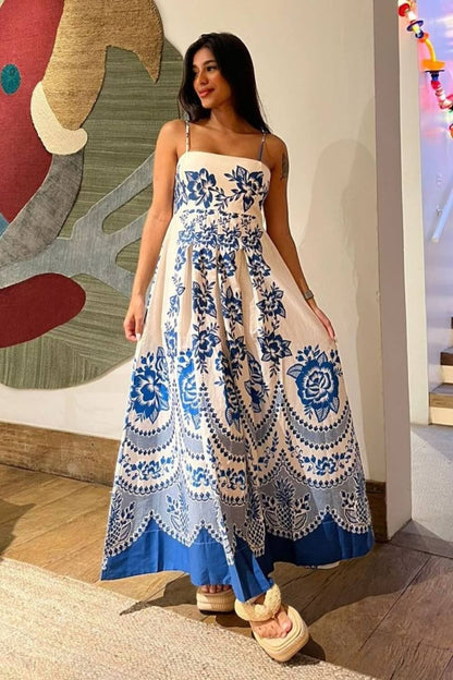 Polyester Midi Jurk met Spaghettibandjes Blauw