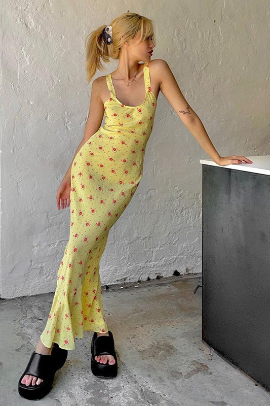 Maxi-jurk met bloemenprint en geplooide spaghetti bandjes geel