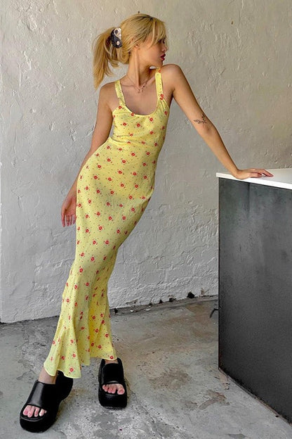 Maxi-jurk met bloemenprint en geplooide spaghetti bandjes geel