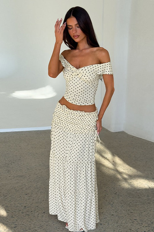 Polkadot Strapless Maxi Rok Set Abrikoos