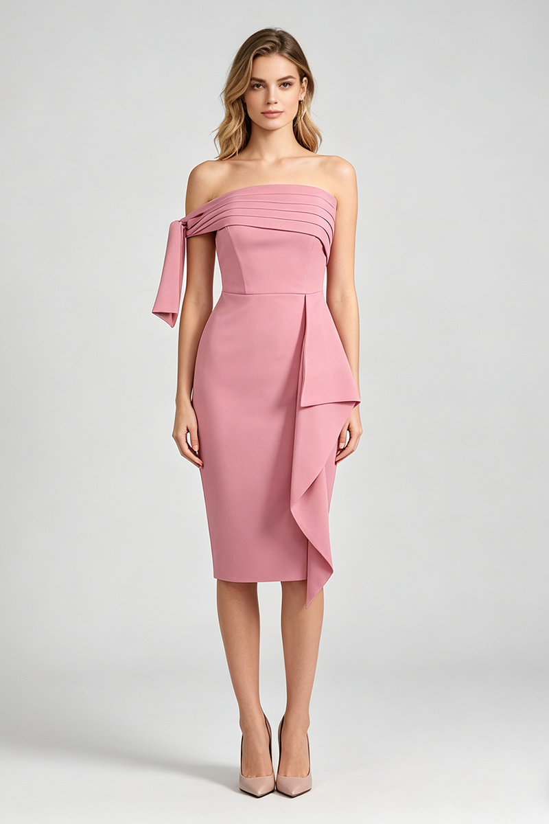 Midi-jurk met een schouder en strikkdetail roze