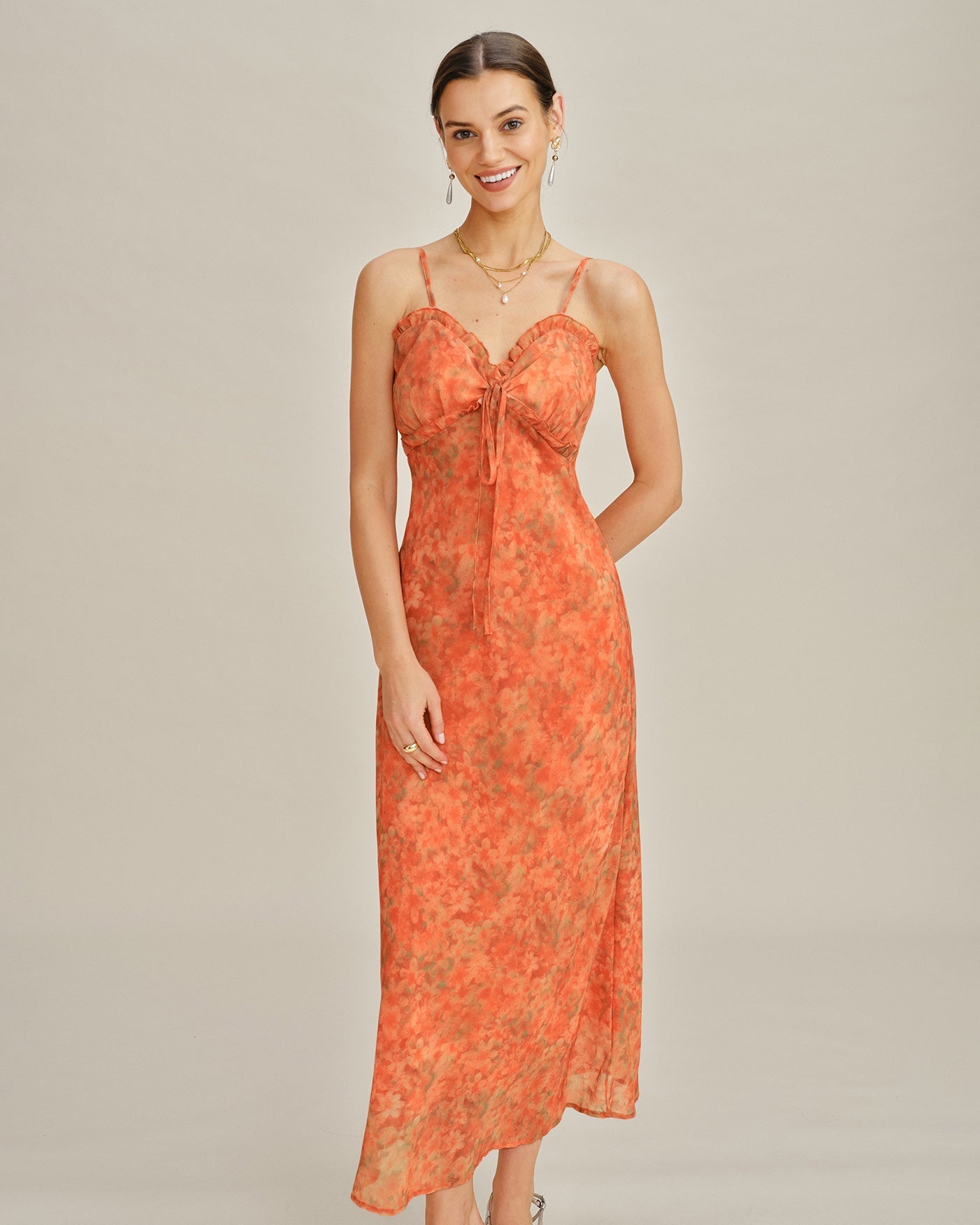 Dames Maxi Jurk A-Lijn met Bloemenkant Oranje