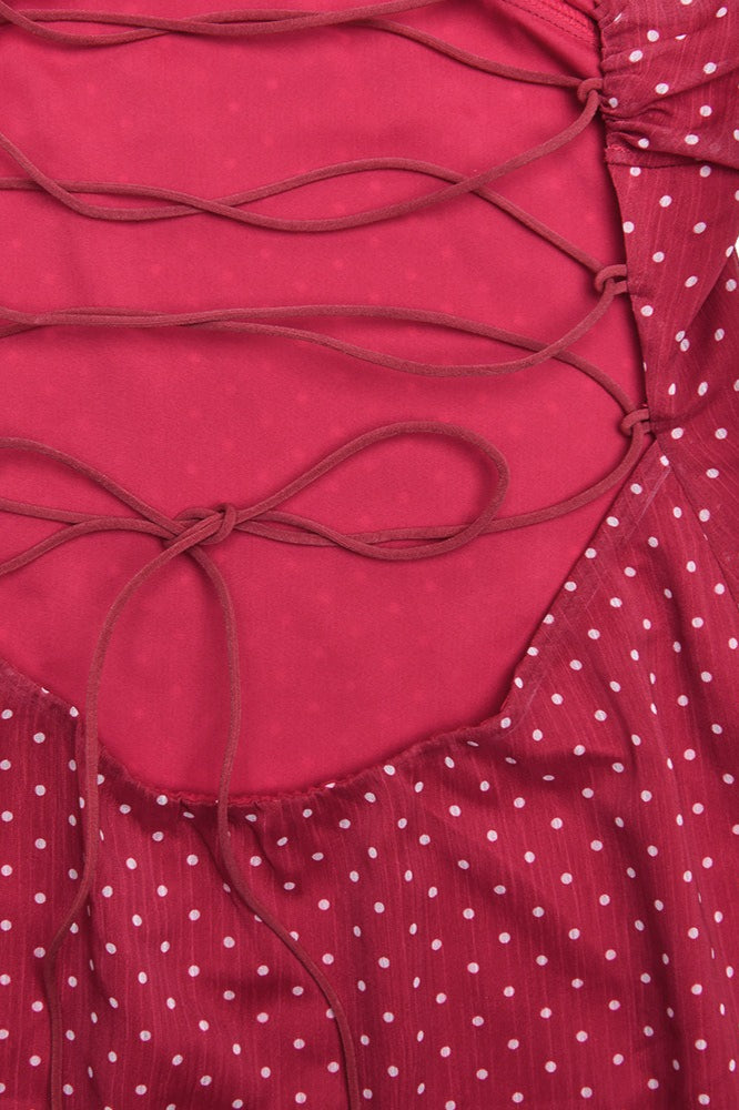 Rode Chiffon Minijurk met Polkadots, Open Rug en Strikjes