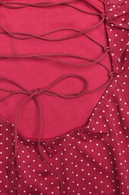 Rode Chiffon Minijurk met Polkadots, Open Rug en Strikjes