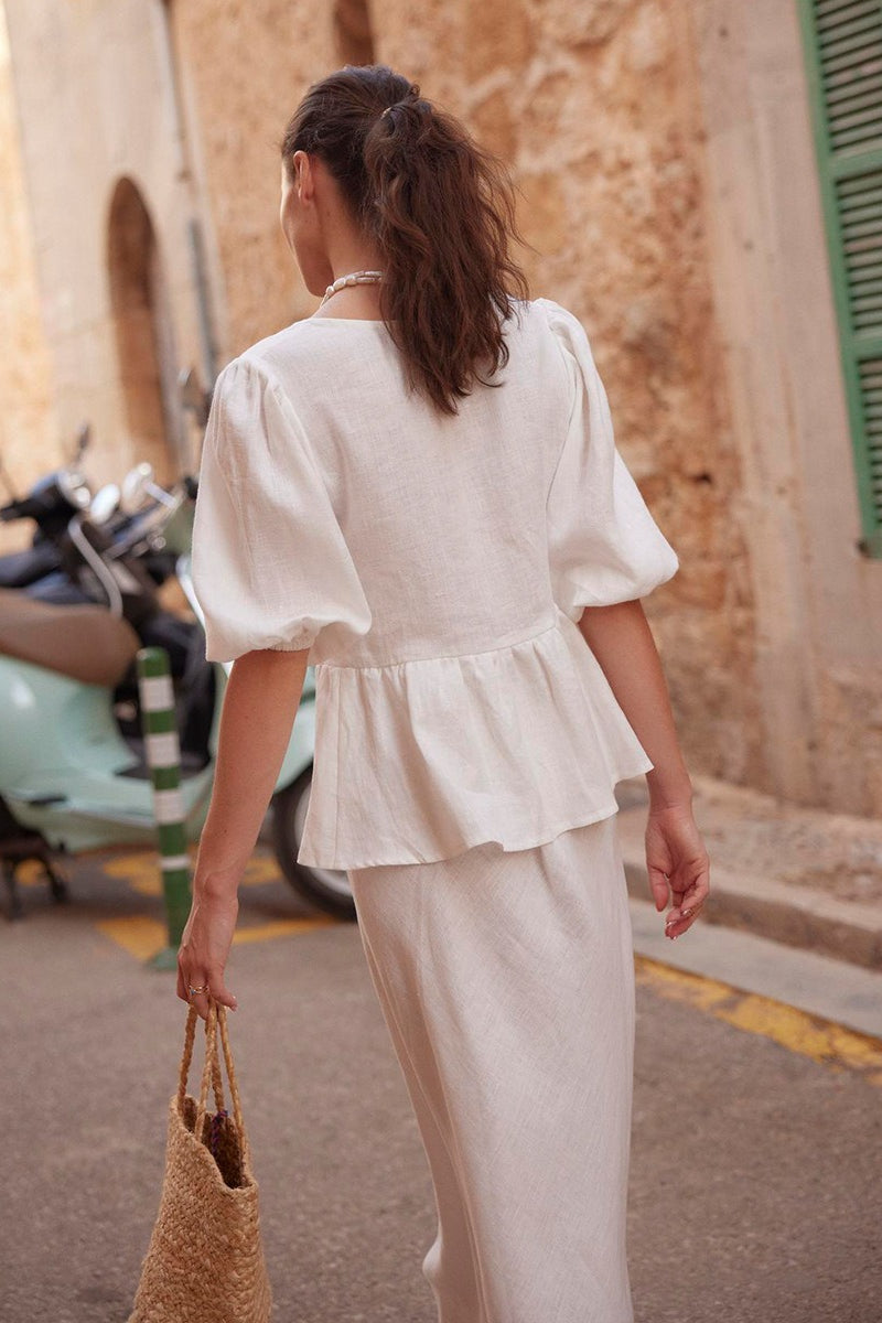 Set van katoen shirt met pofmouwen en rok wit