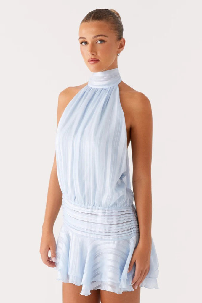 Halter satijn jacquard gestreepte mini jurk
